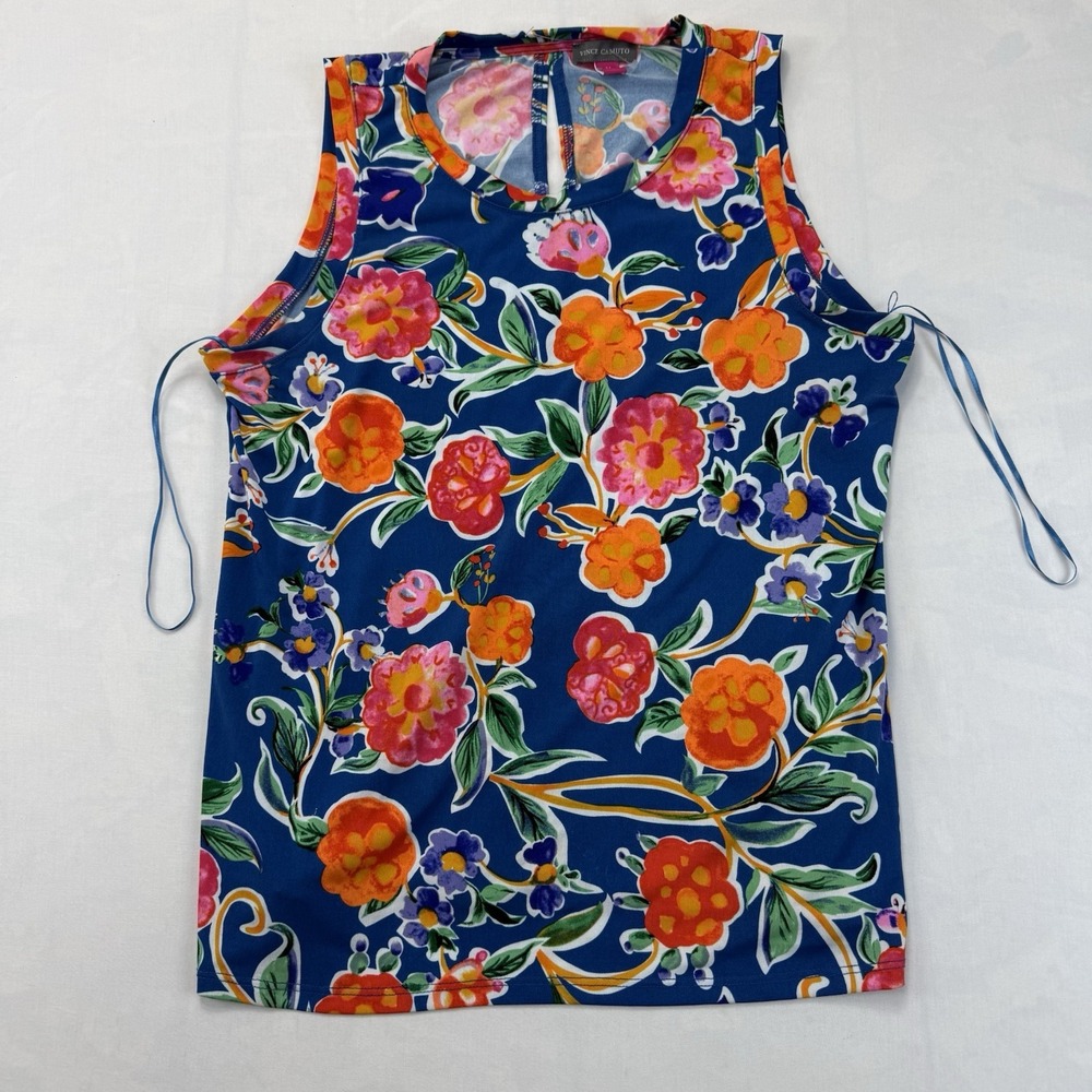 Vince Camuto Women's Medium Blue Multicolor Floral Sleeveless Blouse Top